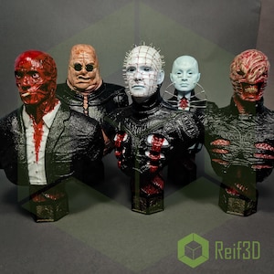 Busteset Hellraiser-beeldje – 5-delige horrorcollectie | Handgeschilderd | Speldeknop, Frank, Chatterer, Butterball | Clive Barker | Opwekking