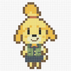 Puede incluir: Ilustración pixelada de un personaje amarillo con forma de perro, con orejas marrones y un pequeño collar rojo. El personaje lleva un chaleco verde sobre una falda azul. La imagen está en un patrón de cuadrícula, que recuerda al punto de cruz o al pixel art.