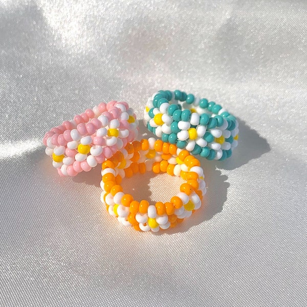 Beaded Flower Ring with Multicolor Beads - Set of Three Rings Custom Rings - Colorful Rings for Summer - PLEASE READ DESCRIPTION!