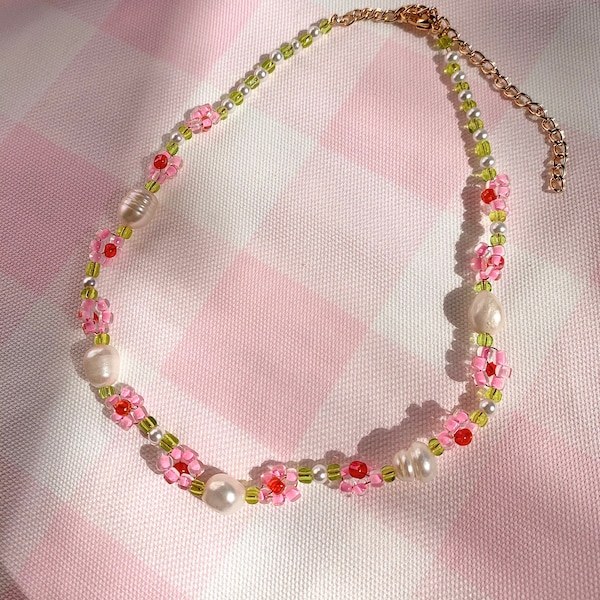 Beaded Pink Flower Choker with Real Freshwater Pearls - Coconut Girl Beach Aesthetic Funky Beaded Necklace - Green and Pink Necklace