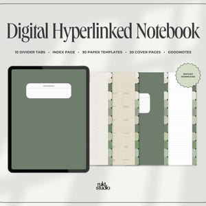 Digital Notebook with 10 Hyperlinked Tabs, Green Theme, Student Planner, Lined, Dotted, Grid Note Templates, GoodNotes Notability Compatible