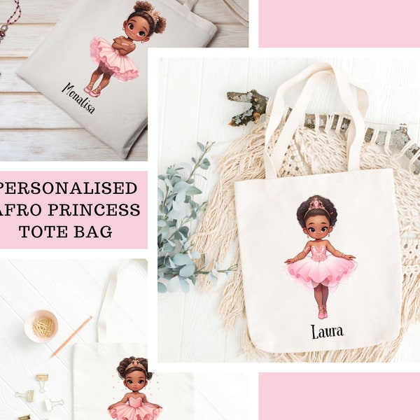 Personalised Afro Princess Tote Bag, Tote bag for Princess Party, Children Spa Party favours, Princess Party gift Bag, Mini Tote Bag