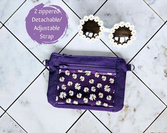 Purple kids bag with sunflower design, Zippered crossbody bag for kids, double zipper crossbody bag for girls, Purse for toddler girls