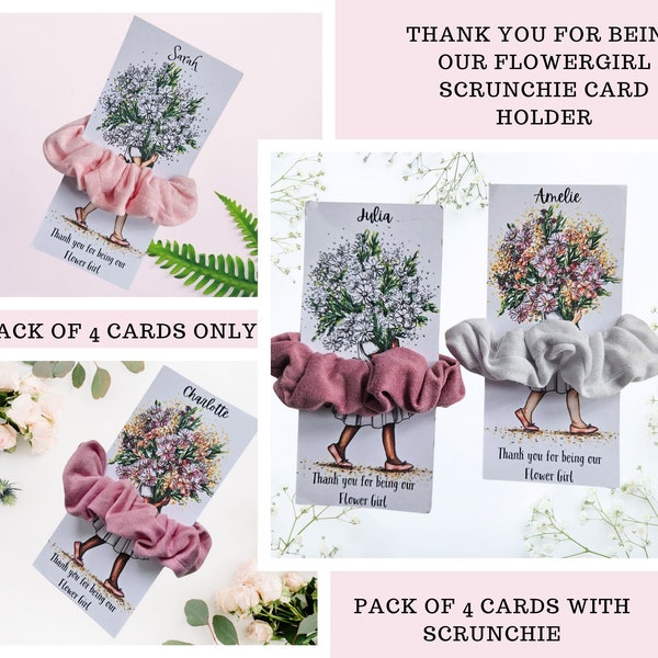 Personalised Flower Girl Thank You Scrunchie Card, Pack of 4 Thank you for being my flower girl Card, Flower Girl Wedding Day Card