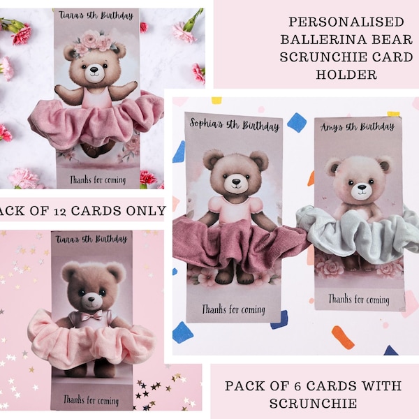 Ballerina Bear Scrunchie Card Personalised Holder for Ballerina Party, Children Pamper Party favours, Pack of 12 Pink Themed Party gift