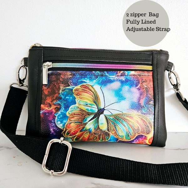 Everyday Crossbody Bag, Double zipper crossbody bag for women,Colourful Faux Leather Bag for women. Butterfly Bag gift for mum from children