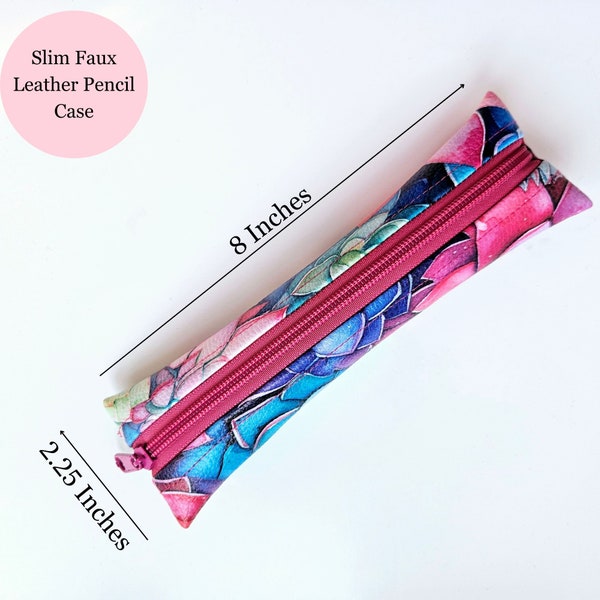 Pink Floral Slim Faux leather pencil case, Gift idea for Lady Boss, Waterproof mini makeup holder, Multicoloured Pencil case for colleague