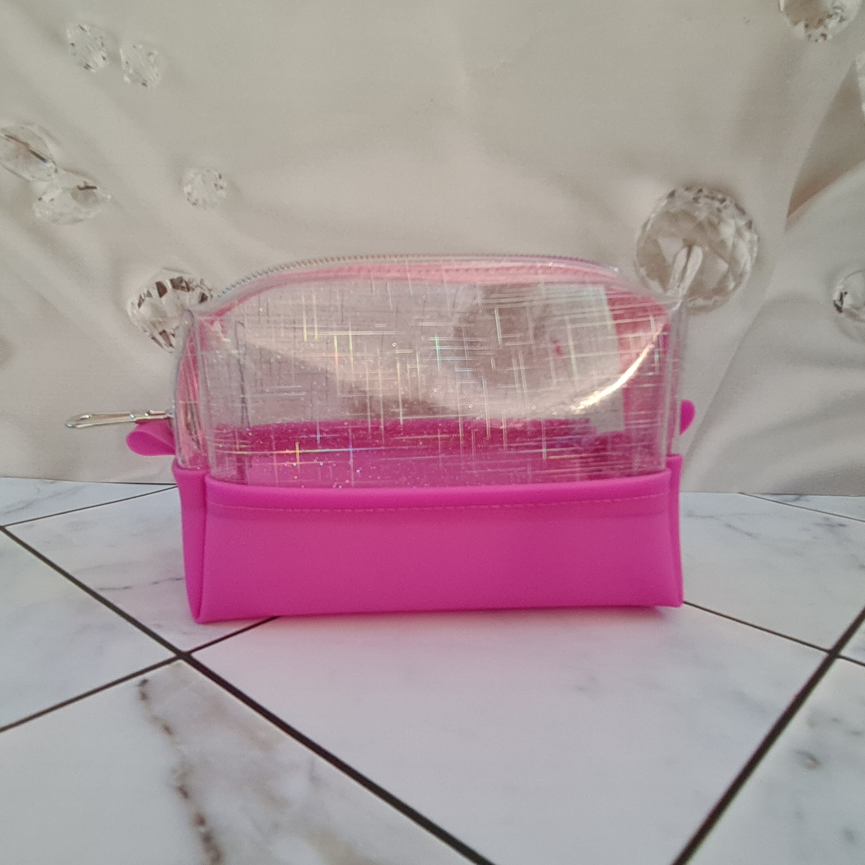 Pink Clear Makeup Bag, Wipe Clean Transparent Makeup Bag, Clear Travel