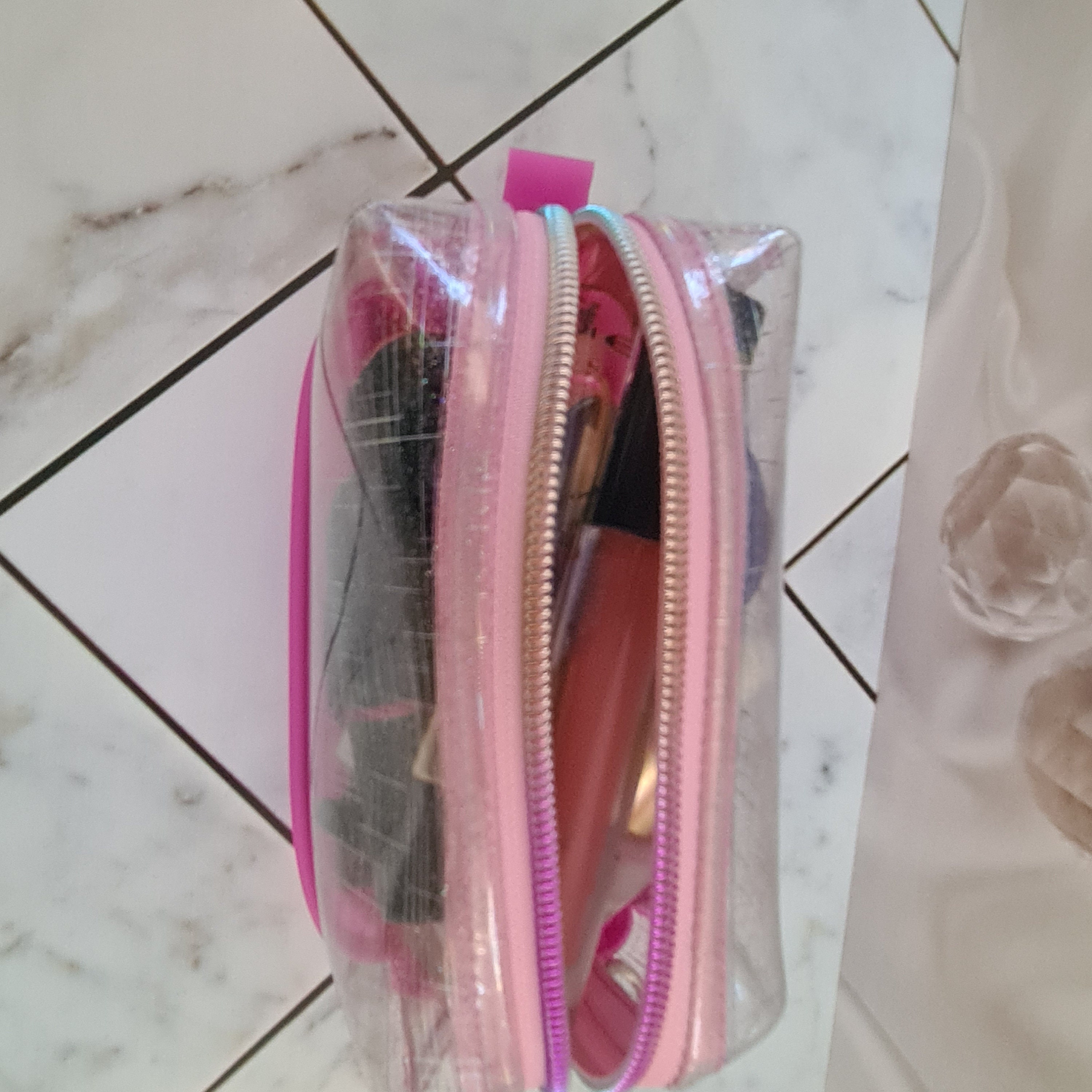 Pink Clear Makeup Bag, Wipe Clean Transparent Makeup Bag, Clear Travel