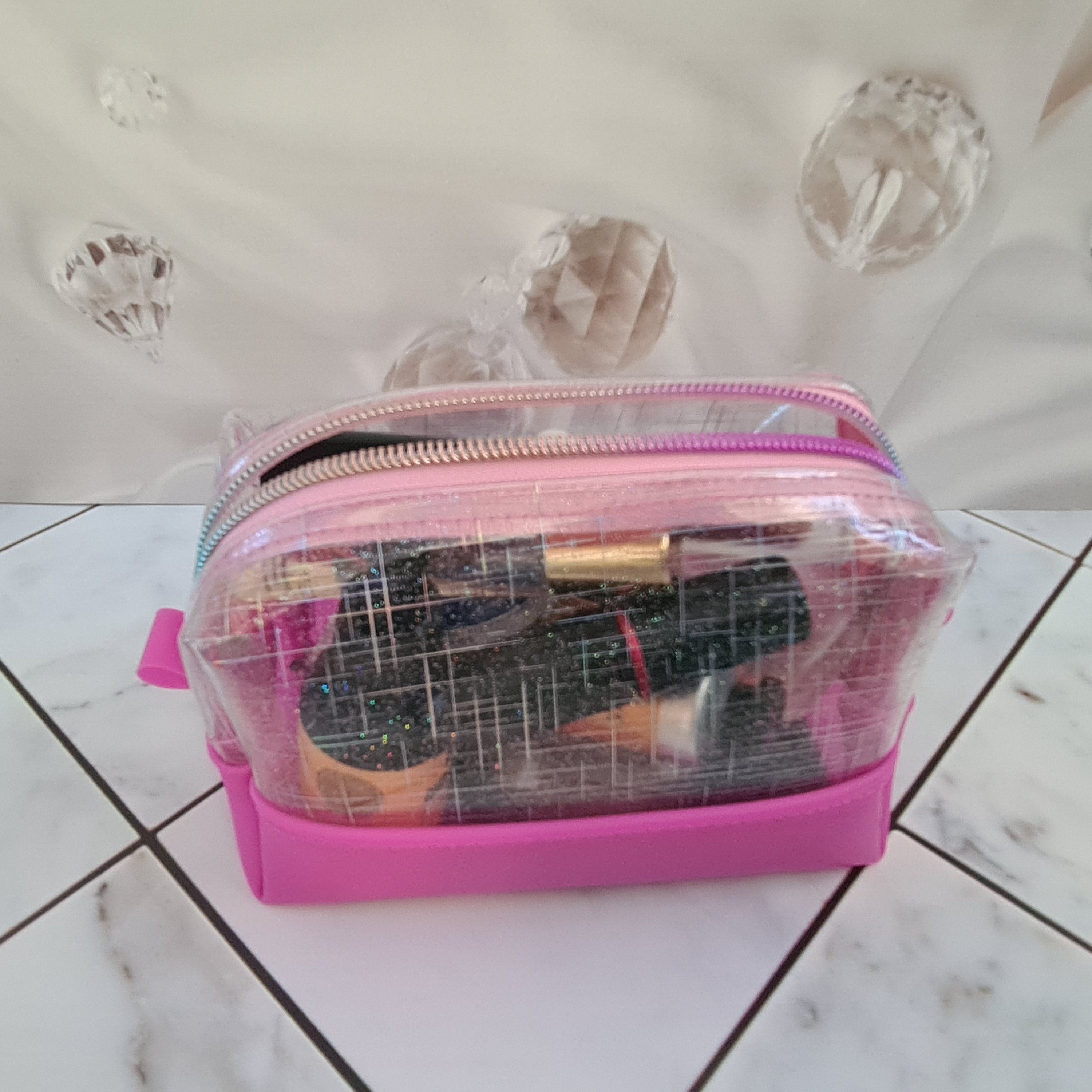 Pink Clear Makeup Bag, Wipe Clean Transparent Makeup Bag, Clear Travel