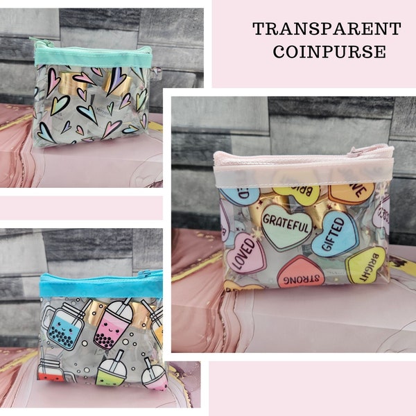 Transparent coinpurse, Zip Pouch with Loop and Clip, Snack Purse. Zippered coin purse ,Coinpurse Stocking Filler, Clip to Lanyard Purse