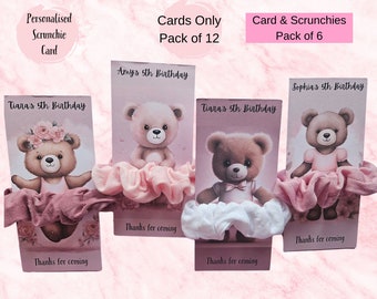 Ballerina Bear Scrunchie Card Personalised Holder for Ballerina Party, Children Pamper Party favours, Pack of 12 Pink Themed Party gift