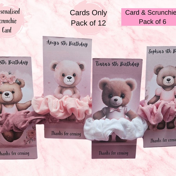 Ballerina Bear Scrunchie Card Personalised Holder for Ballerina Party, Children Pamper Party favours, Pack of 12 Pink Themed Party gift