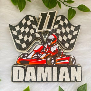 Red Go kart cake topper - racing cake topper - rally racing - checker flag - Go cart cake topper - racing car driver