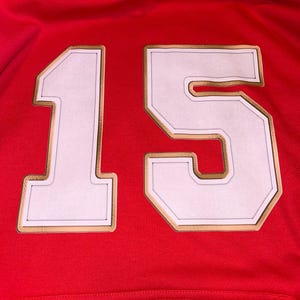 Puede incluir: Una sudadera con capucha roja con el n&uacute;mero "15" en la parte delantera. El n&uacute;mero es blanco con un contorno dorado y un borde blanco. La sudadera tiene un bolsillo delantero y una capucha.
