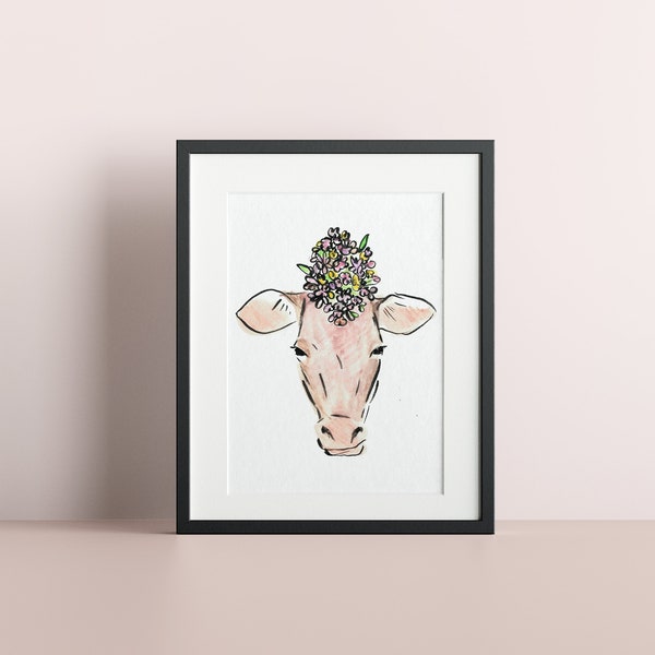 Swiss cow, Digital Print, with frame or without frame, hand drown, A4