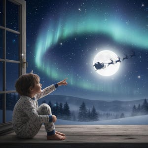 May include: A child in pyjamas points towards a full moon with Santa's sleigh and reindeer silhouetted against a starry night sky. The scene is framed by an open window with a view of a snowy landscape and the aurora borealis.