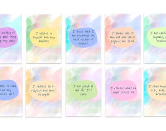 40 tarjetas de afirmaciones positivas / Tarjetas de amor propio en acuarela / Tarjetas de mentalidad / Descarga digital / Tarjetas de motivación / Baraja imprimible