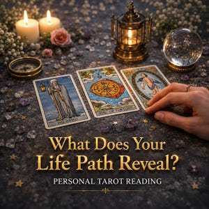 May include: A mystical scene featuring tarot cards, candles, and a crystal ball. Three tarot cards are displayed, including "The Hermit" and "The Wheel of Fortune." The text "What Does Your Life Path Reveal?" and "Personal Tarot Reading" are also visible.