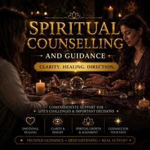 May include: An advertisement for spiritual counselling and guidance. The image shows two people at a table with a crystal ball, candles, and crystals. Text includes "Spiritual Counselling and Guidance" and "Clarity, Healing, Direction."