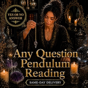 May include: A clear crystal pendulum hangs from a gold chain. The image features text that reads YES OR NO ANSWER, Any Question Pendulum Reading, and SAME-DAY DELIVERY. The scene includes lit candles, purple crystals, and a dark, ornate setting.