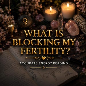 May include: An open book with handwritten text and a diagram of the female reproductive system is featured in this image. The text "WHAT IS BLOCKING MY FERTILITY?" is displayed in gold lettering, along with "ACCURATE ENERGY READING". Candles, crystals, and a pendulum are also visible.