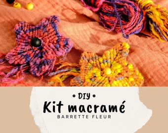 Kit DIY pour création de bijou en micro-macramé, barrette fleur en coton et lin flammé, matériel et tutoriel vidéo