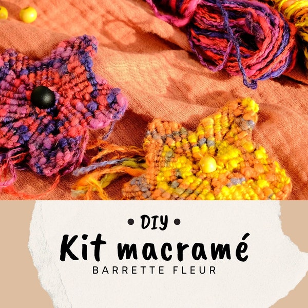Kit DIY pour création de bijou en micro-macramé, barrette fleur en coton et lin flammé, matériel et tutoriel vidéo
