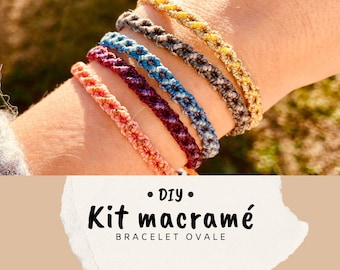 May include: A collection of colorful macrame bracelets in shades of pink, blue, purple, and gold. The bracelets are oval-shaped and appear to be handmade. The image also includes the text "DIY Kit macramé BRACELET OVALE".