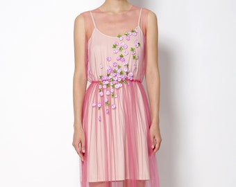 Hand Embroidered with Silk Flowers Pink Midi Tulle Dress One Size