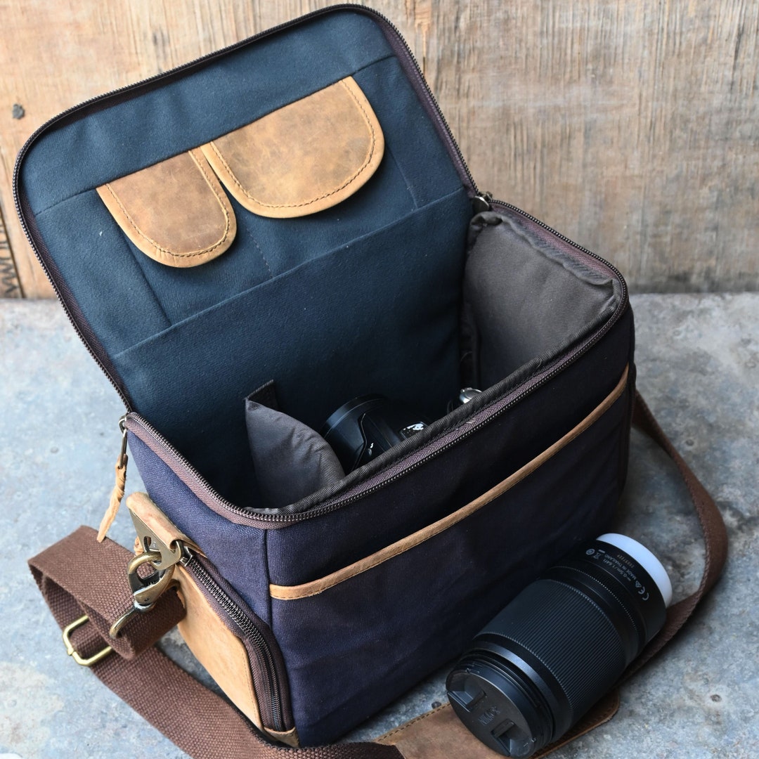 Handmade Leather and Canvas Camera Bag for DSLR Cameras, Camera Satchel Bag, Vintage Shoulder
