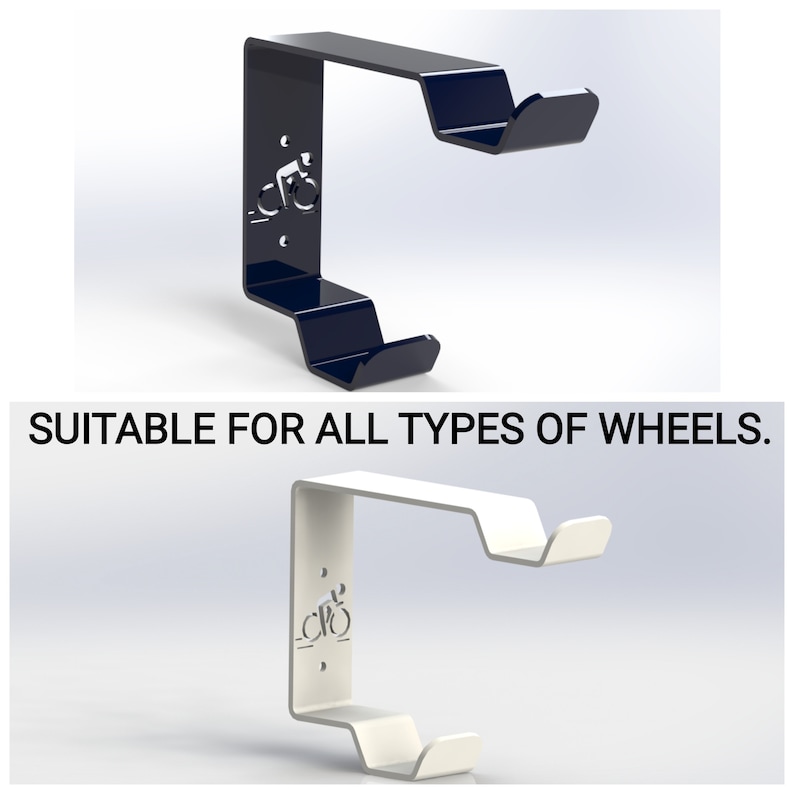 May include: Two bike wheel storage hooks, one black and one white, with a bicycle silhouette design.  SUITABLE FOR ALL TYPES OF WHEELS.