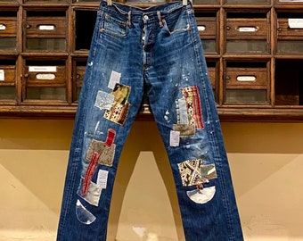 Levi's 501 W32 L32 maßgeschneiderte Jeans, Patchwork-Jeans, handbestickte Jeans
