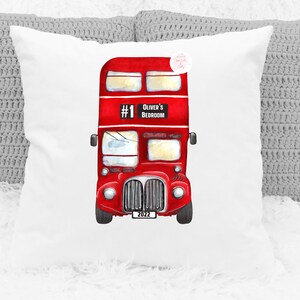 Personalised Red Bus Cushion; London Bus Cushion; Red Bus Bedroom Deco; London Themed Bedroom; Bus Lover Gift