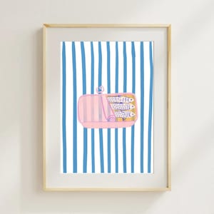 Sardine Tin Digital Print | Coastal Kitchen Wall Art | Pink Fish Illustration on Blue Stripes | Nautical Printable Decor | Retro Seafood Art
