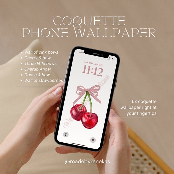 Set of 6 Coquette Phone Wallpaper | Balletcore Art | Cherub Angel | Pink Coquette Bow | Cherry | Strawberry | Aesthetic Wallpaper for Phone