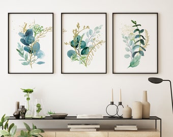 Botanical Blue & Gold Eucalyptus Prints |Set of 3 Prints |Framed Prints | Nature prints| Home Decor |Wall Art | Eucalyptus | Set of Prints |