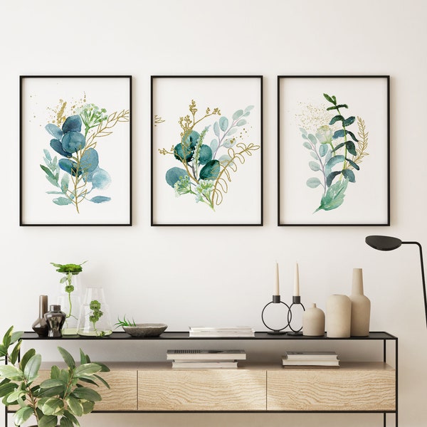 Botanical Blue & Gold Eucalyptus Prints |Set of 3 Prints |Framed Prints | Nature prints| Home Decor |Wall Art | Eucalyptus | Set of Prints |