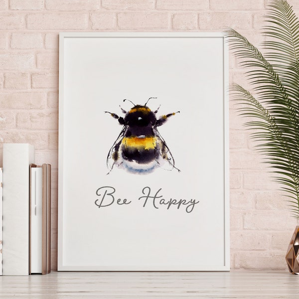 Bee Happy print| Framed Print| Bumble Bee| Wall art decor |Wall Print | Inspirational Quote | Nature print
