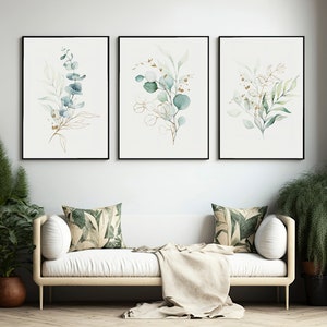 Impressions botaniques d'eucalyptus dorés, gris et verts | Ensemble de 3 impressions | Impressions encadrées | Impressions nature| Décoration d'intérieur | Art mural | Eucalyptus |