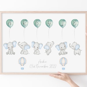 Personalisierter Elefant Ballon Druck | Aquarell Elefanten | Neues Baby Geschenk | Dumbo | Personalisiert | Taufgeschenk | Geschenk | Baby