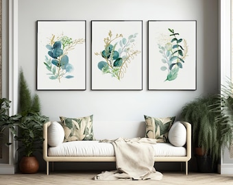 Botanical Blue & Gold Eucalyptus Prints |Set of 3 Prints |Framed Prints | Nature prints| Home Decor |Wall Art | Eucalyptus | Set of Prints |