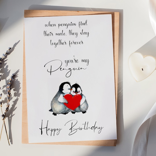 Luxury Happy Birthday Day Card | Penguin | Birthday | Boyfriend | Girlfriend | Husband | Wife | Love | Personalised