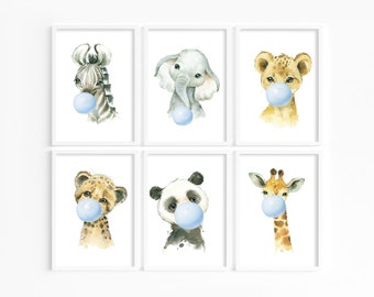 Safari Bubblegum blauwe afdrukken | Set van 6 prenten | Ingelijste prenten | Kinderprenten | Kwekerij wordt afgedrukt | Jongenskamer | Safaridieren | Waterverf