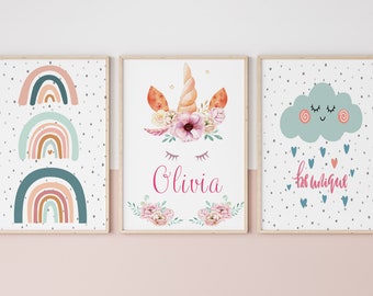 Eenhoorn en regenboog gepersonaliseerde prints | Set van 3 prenten | Ingelijste prenten | Kinderprenten | Woondecoratie | Kwekerij wordt afgedrukt | Meisjeskamer| vlekkerig