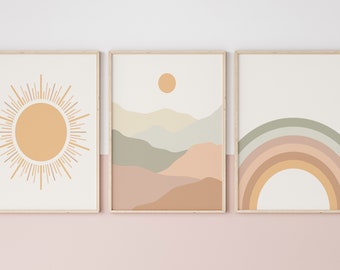 Zonneschijn en regenboog pastel prints | Set van 3 prenten | Ingelijste prenten | Kinderprenten | Woondecoratie | Kwekerij wordt afgedrukt | Meisjeskamer| Pastel afdrukken