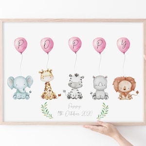 Personalised Safari Balloon Print | Watercolour Safari Animals | New Baby Gift | Personalised | Christening Gift | Gift | Baby