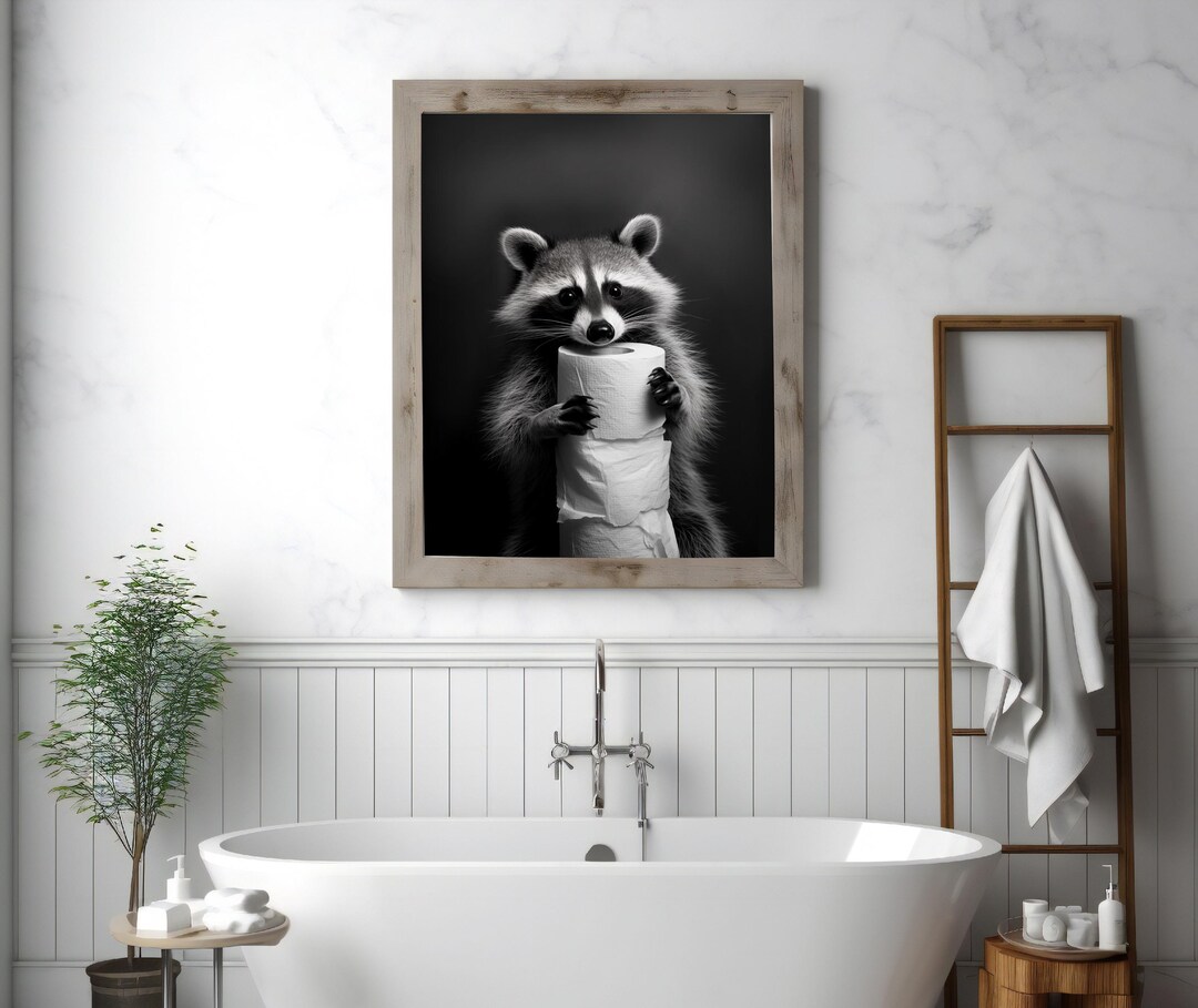 Funny Bathroom Wall Art | Raccoon With a Toilet Paper Roll on Head ...
