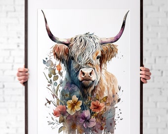 May include: A watercolor painting of a Highland cow with long horns and a fluffy white mane. The cow is surrounded by colorful flowers in shades of pink, purple, orange, and yellow.