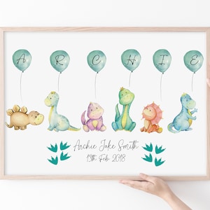 Personalised Dinosaur Balloon Print | Watercolour Dinosaurs | New Baby Gift | Dinosaur Print | Personalised | Christening Gift | Gift | Baby